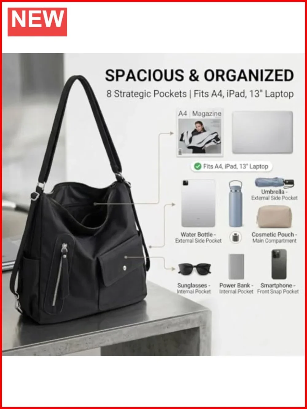 3-in-1 Convertible Backpack Hobo Shoulder Bag Waterproof PU-Coated Nylon Fits